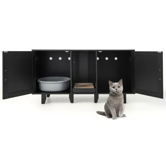 2-Door Cat Litter Box Enclosure with Winding Entry and Scratching Board-Black