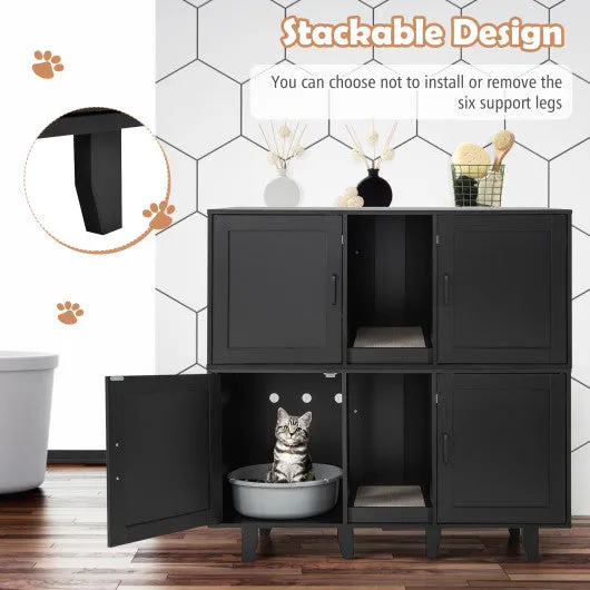 2-Door Cat Litter Box Enclosure with Winding Entry and Scratching Board-Black