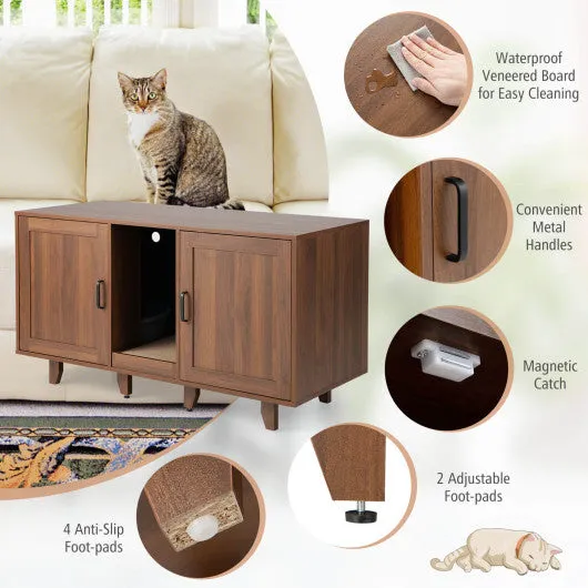 2-Door Cat Litter Box Enclosure with Winding Entry and Scratching Board-Brown