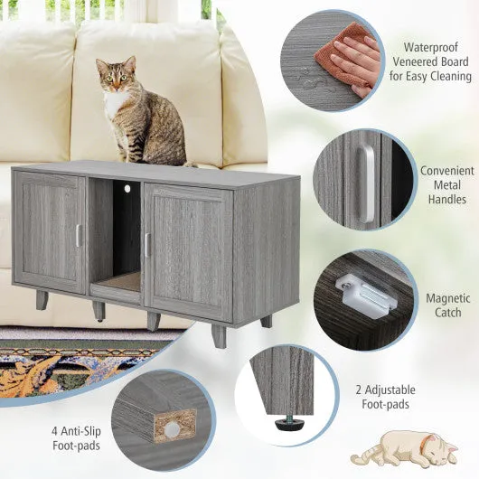 2-Door Cat Litter Box Enclosure with Winding Entry and Scratching Board-Oak