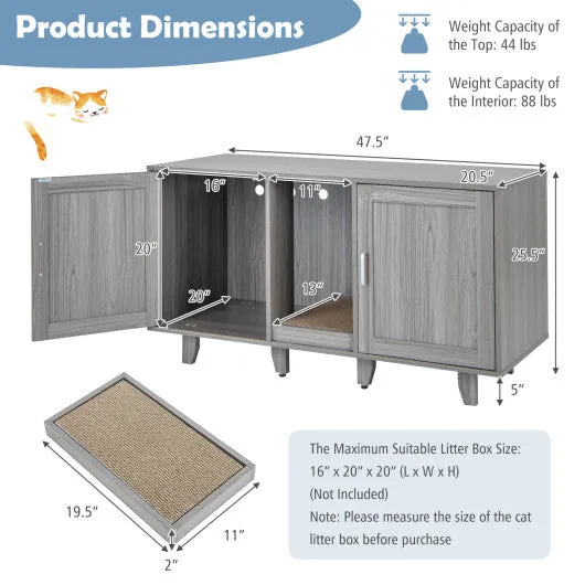 2-Door Cat Litter Box Enclosure with Winding Entry and Scratching Board-Oak