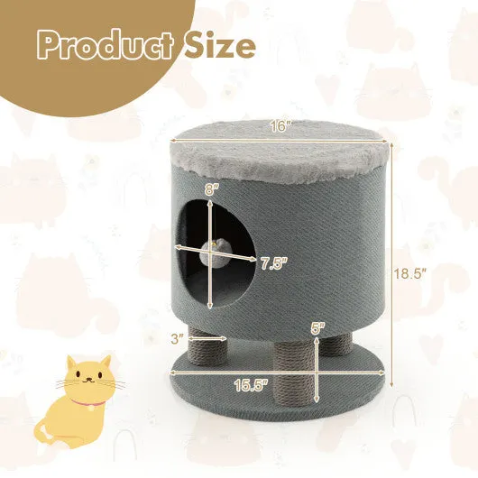 3-in-1 Cat Condo Stool Kitty Bed with Scratching Posts and Plush Ball Toy-Gray