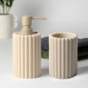 Anko Natural Rib Polyresin Soap Dispenser & Tumbler Set- 1 pc Each | Sanitizer, Lotion, Shampoo Dispenser | Storage Organizer for Stationery, Brushes, Toothpaste | Bathroom Accessories | 500 mL, Beige