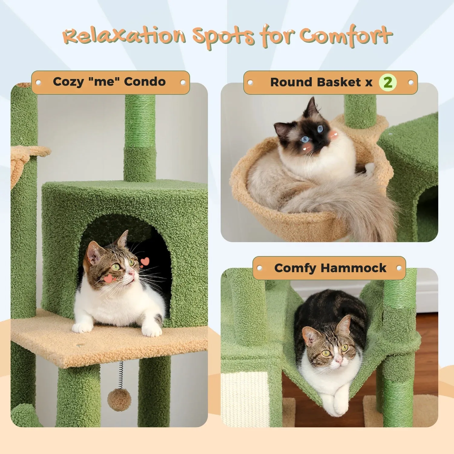 Cactus Floor-to-Ceiling Cat Tree - 7-Tier Climbing Tower with Hammocks & Condos