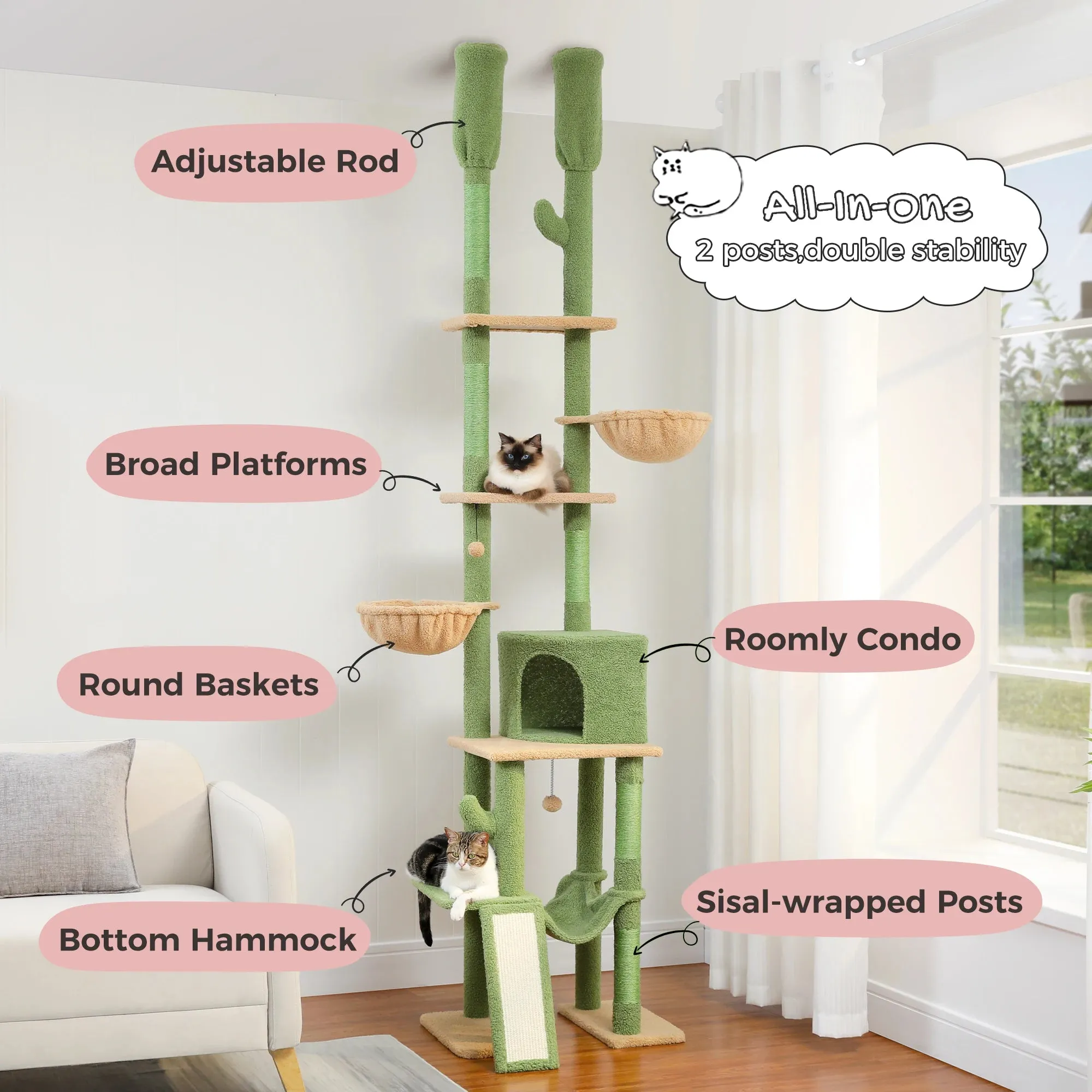 Cactus Floor-to-Ceiling Cat Tree - 7-Tier Climbing Tower with Hammocks & Condos