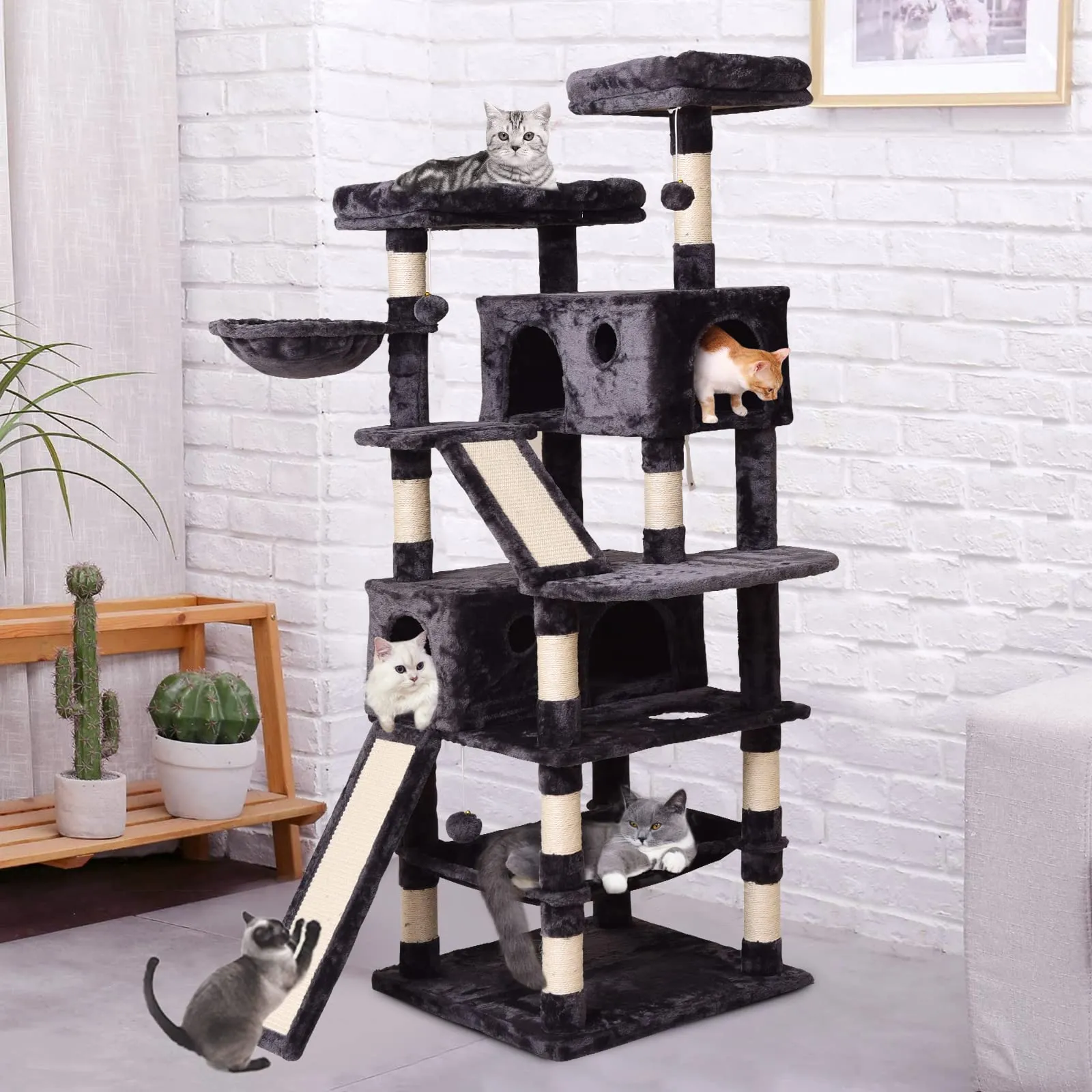 Cat Tree Cat Tower 70.1 in, Multi Level Cat Scratching Post with Condos, Ladders, Basket, Hammock