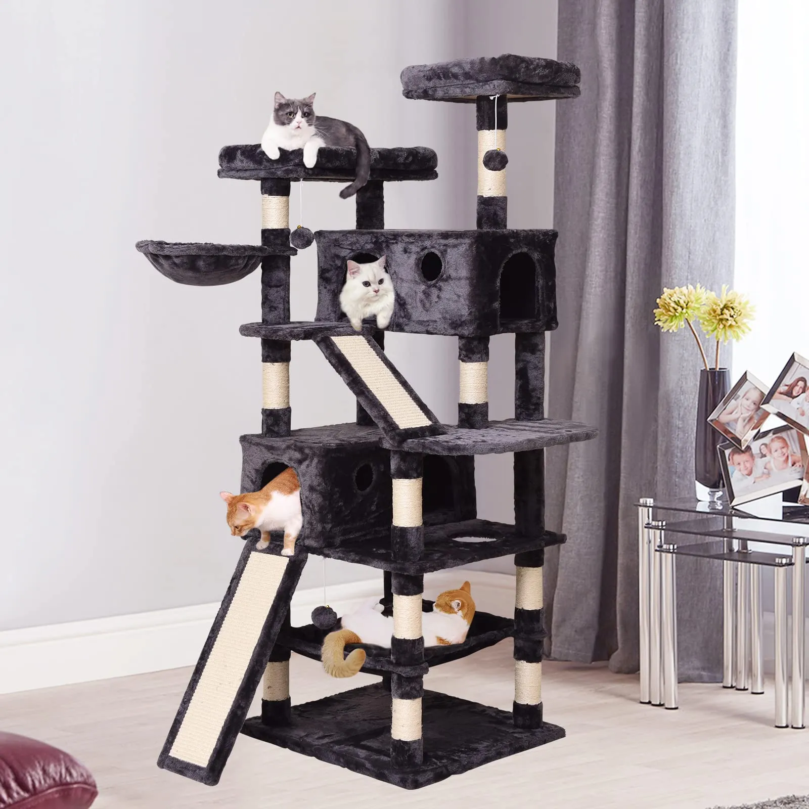 Cat Tree Cat Tower 70.1 in, Multi Level Cat Scratching Post with Condos, Ladders, Basket, Hammock