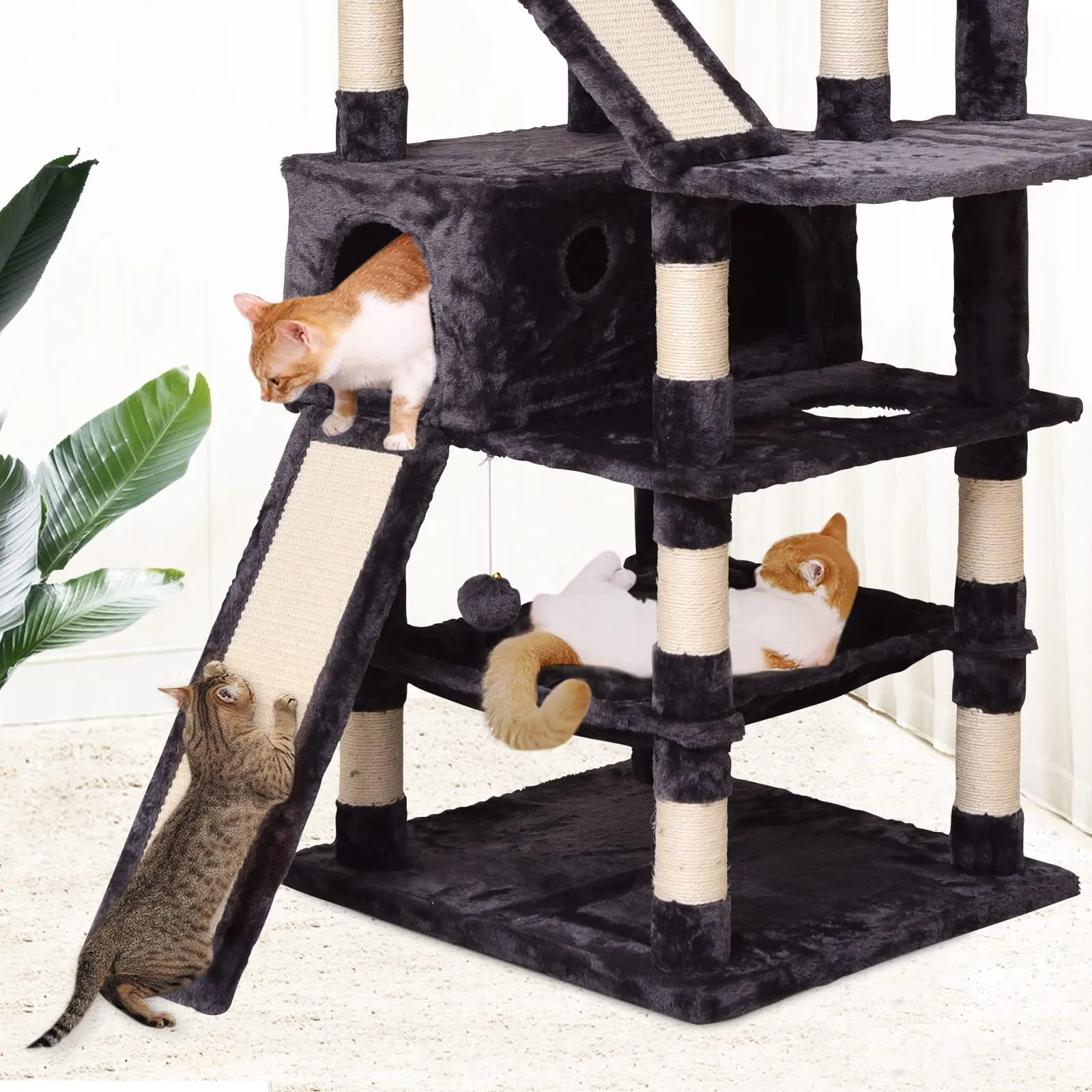 Cat Tree Cat Tower 70.1 in, Multi Level Cat Scratching Post with Condos, Ladders, Basket, Hammock