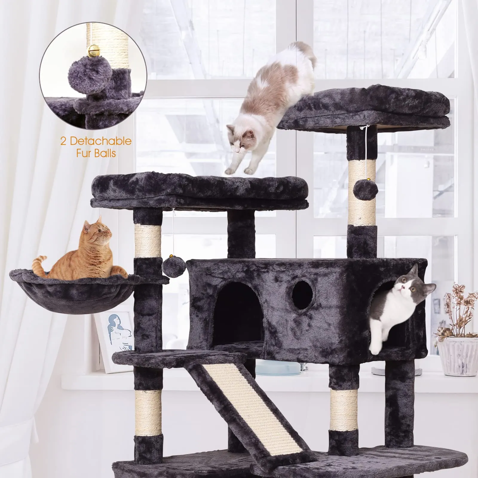 Cat Tree Cat Tower 70.1 in, Multi Level Cat Scratching Post with Condos, Ladders, Basket, Hammock