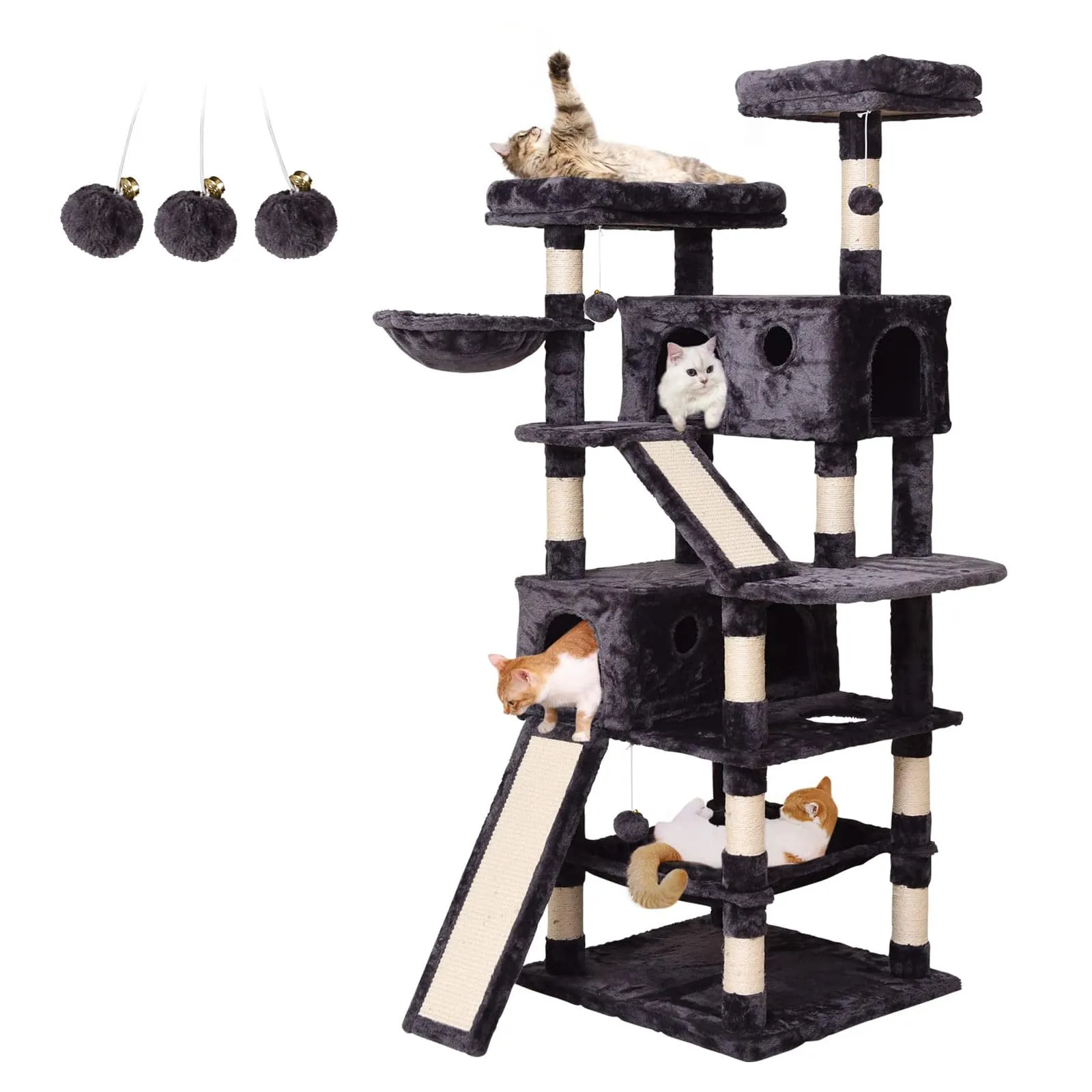 Cat Tree Cat Tower 70.1 in, Multi Level Cat Scratching Post with Condos, Ladders, Basket, Hammock