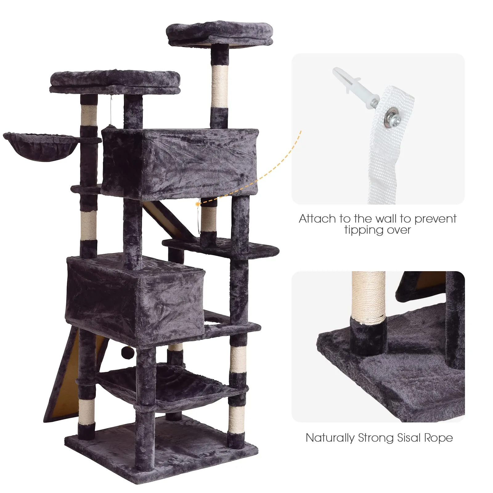 Cat Tree Cat Tower 70.1 in, Multi Level Cat Scratching Post with Condos, Ladders, Basket, Hammock