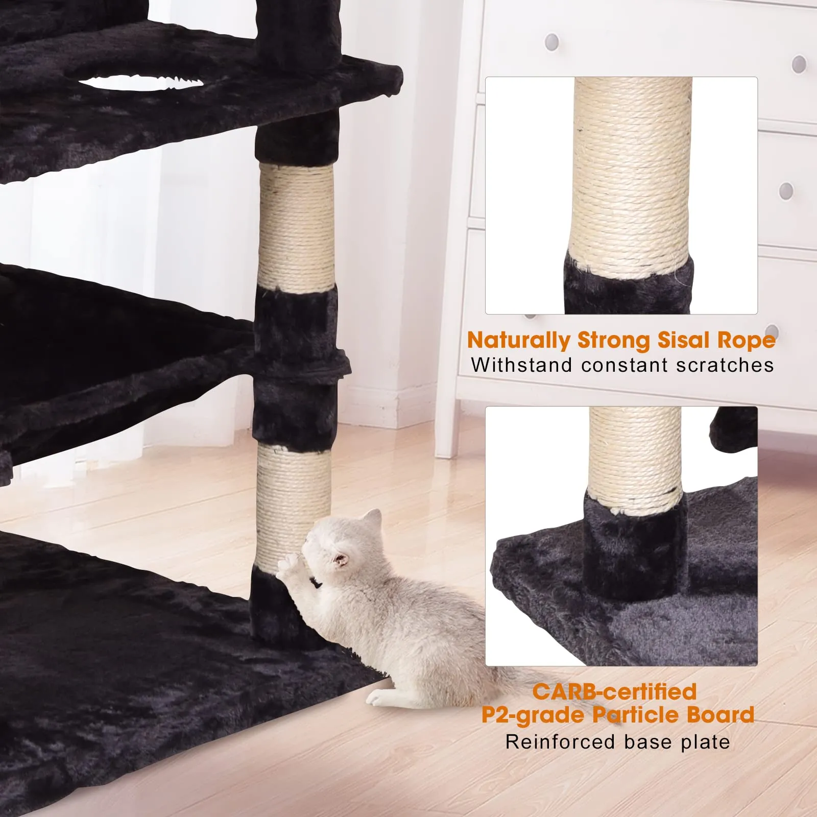 Cat Tree Cat Tower 70.1 in, Multi Level Cat Scratching Post with Condos, Ladders, Basket, Hammock