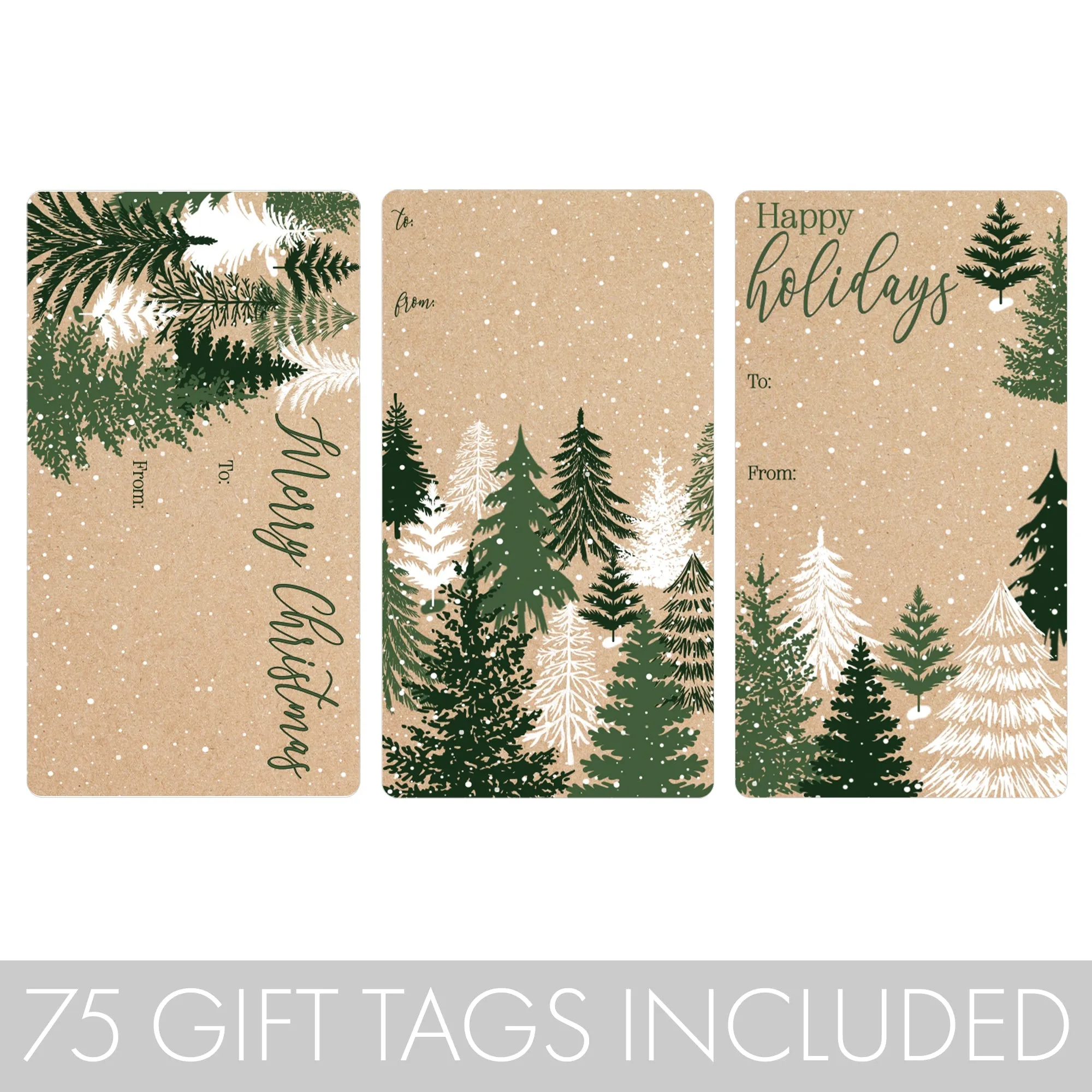 Christmas Gift Tag Stickers: Kraft Christmas - Evergreen Trees - 75 Stickers