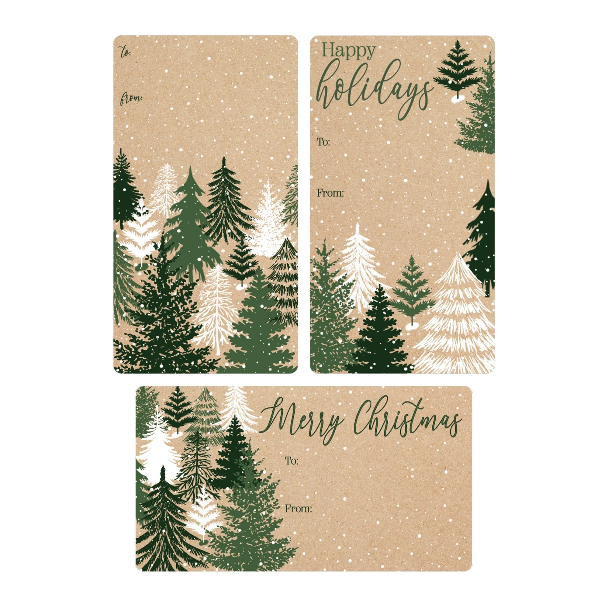 Christmas Gift Tag Stickers: Kraft Christmas - Evergreen Trees - 75 Stickers