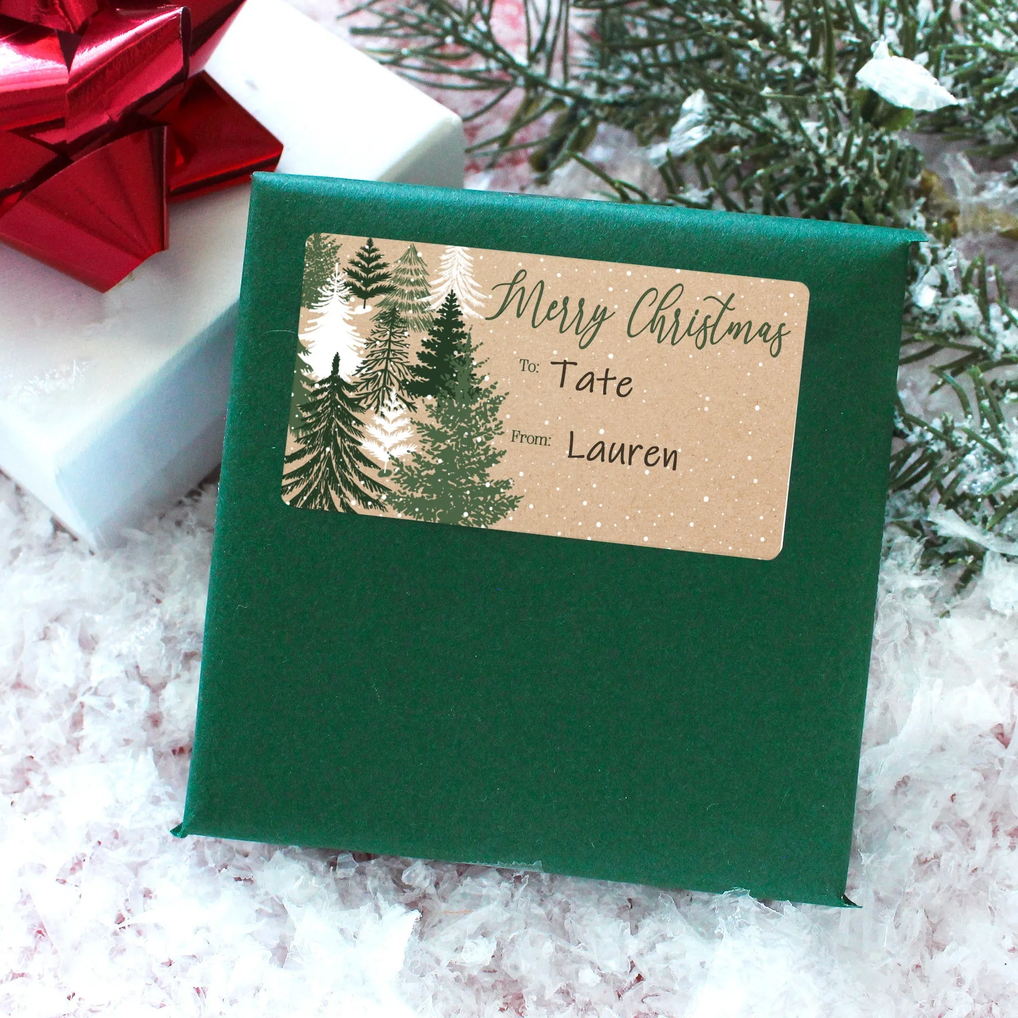 Christmas Gift Tag Stickers: Kraft Christmas - Evergreen Trees - 75 Stickers