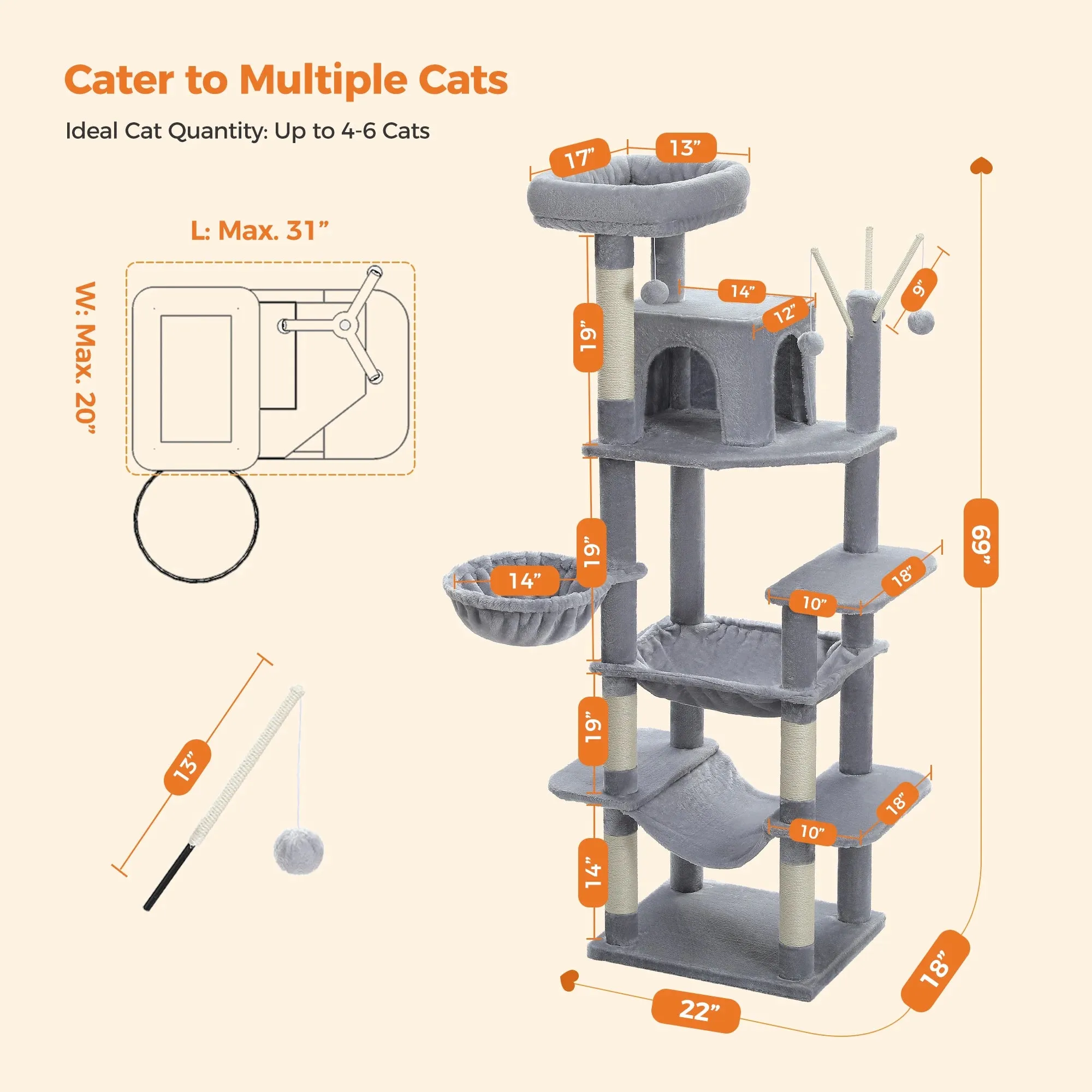 Deluxe Multi-Cat Tower Tree - 175cm High with 6-Tier Structure