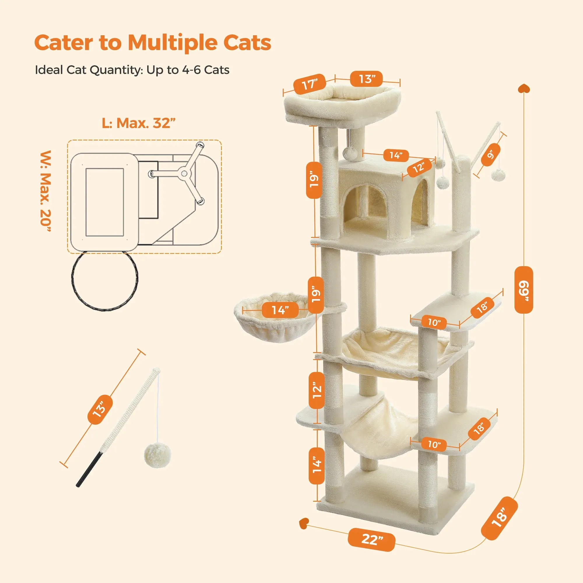 Deluxe Multi-Cat Tower Tree - 175cm High with 6-Tier Structure