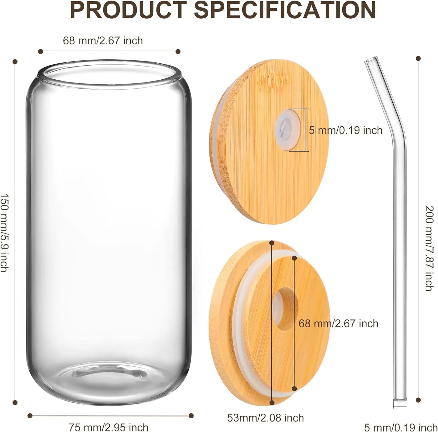 KITOME Coffee Tumbler with Lid Coffee Glass Tumbler with Straw and Lid Can Shaped Glass with Bamboo Lids and Straw Class Cup for Iced Tea Mojito Cocktail Smoothies (Set of 2-500Ml).