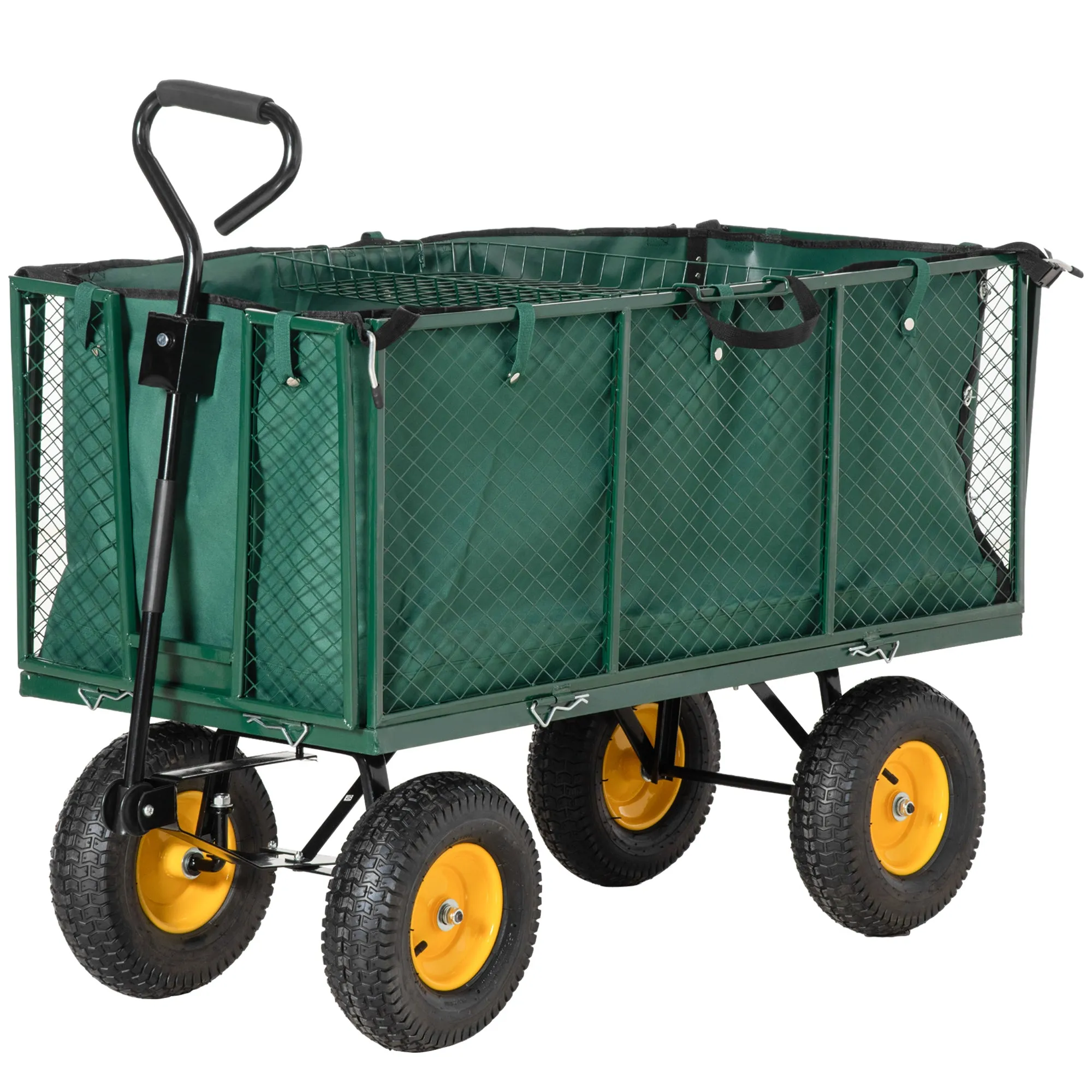 Large 4 Wheel Heavy Duty Garden Trolley Cart Wheelbarrow with Handle and Metal Frame - Green