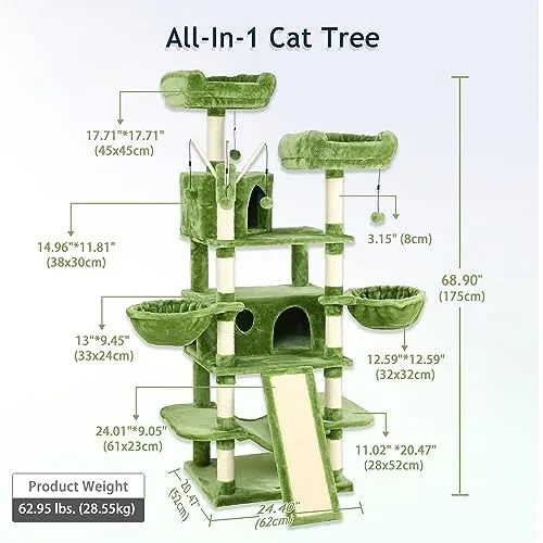 Large Cat Tree 69" Tall Sturdy Cat Tower Heavy Duty Multi Level Big Cat Climbing Stand for Indoor Cats Kittens with Hammock