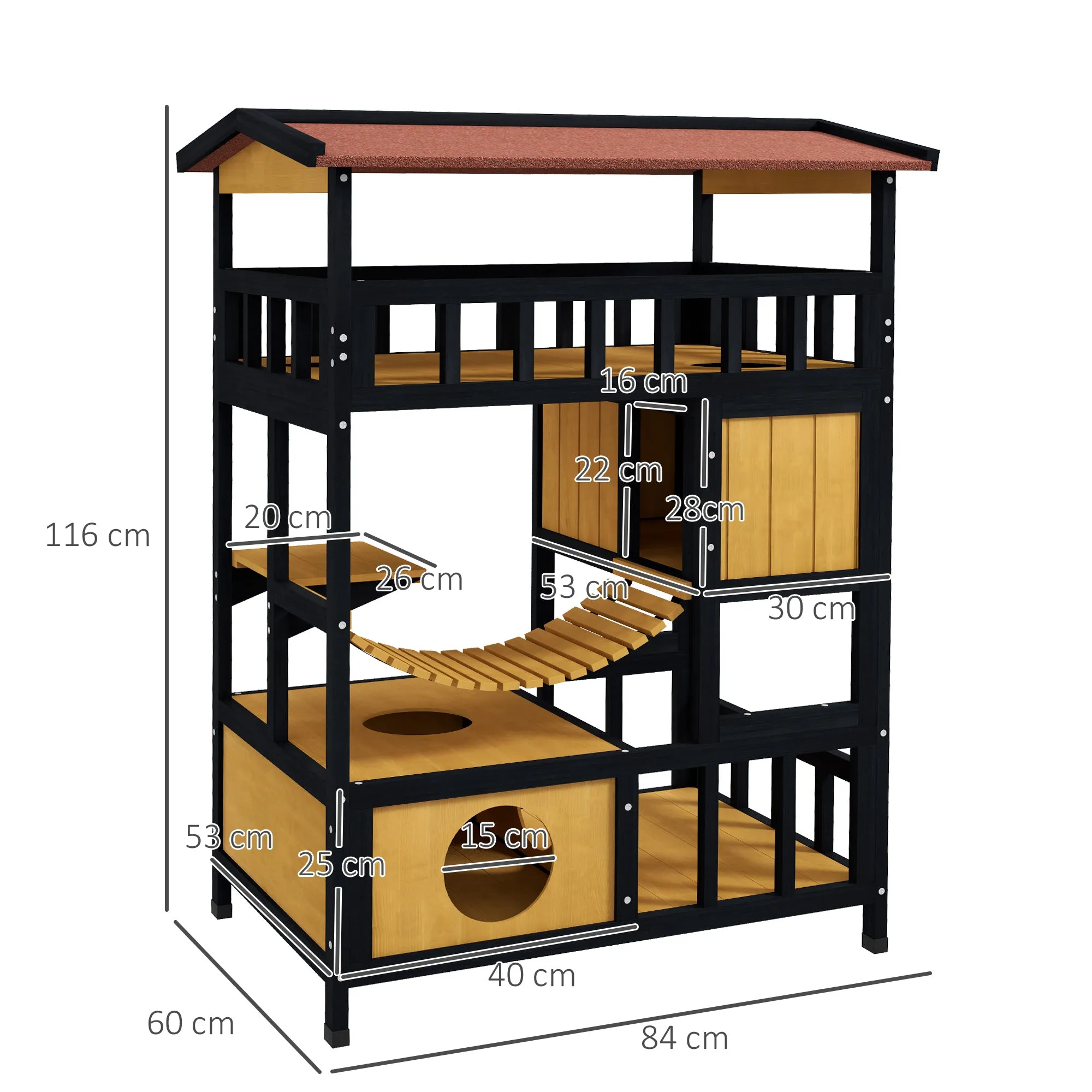 Outdoor Cat Shelter, Four-Tier Wooden Feral Cat House, with Suspension Bridge, Cat Houses, Balcony, Escape Doors