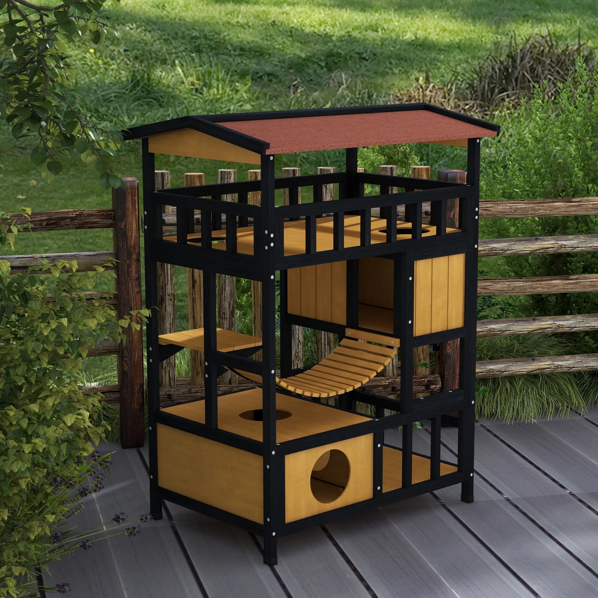 Outdoor Cat Shelter, Four-Tier Wooden Feral Cat House, with Suspension Bridge, Cat Houses, Balcony, Escape Doors