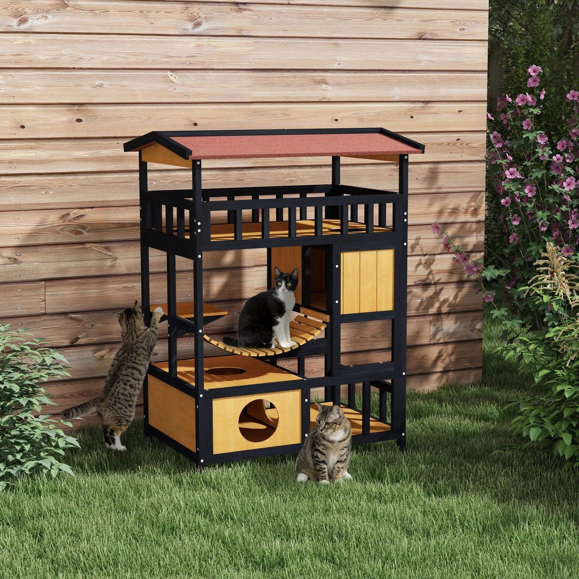 Outdoor Cat Shelter, Four-Tier Wooden Feral Cat House, with Suspension Bridge, Cat Houses, Balcony, Escape Doors