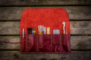 Personalized Leather Pen Roll - Red