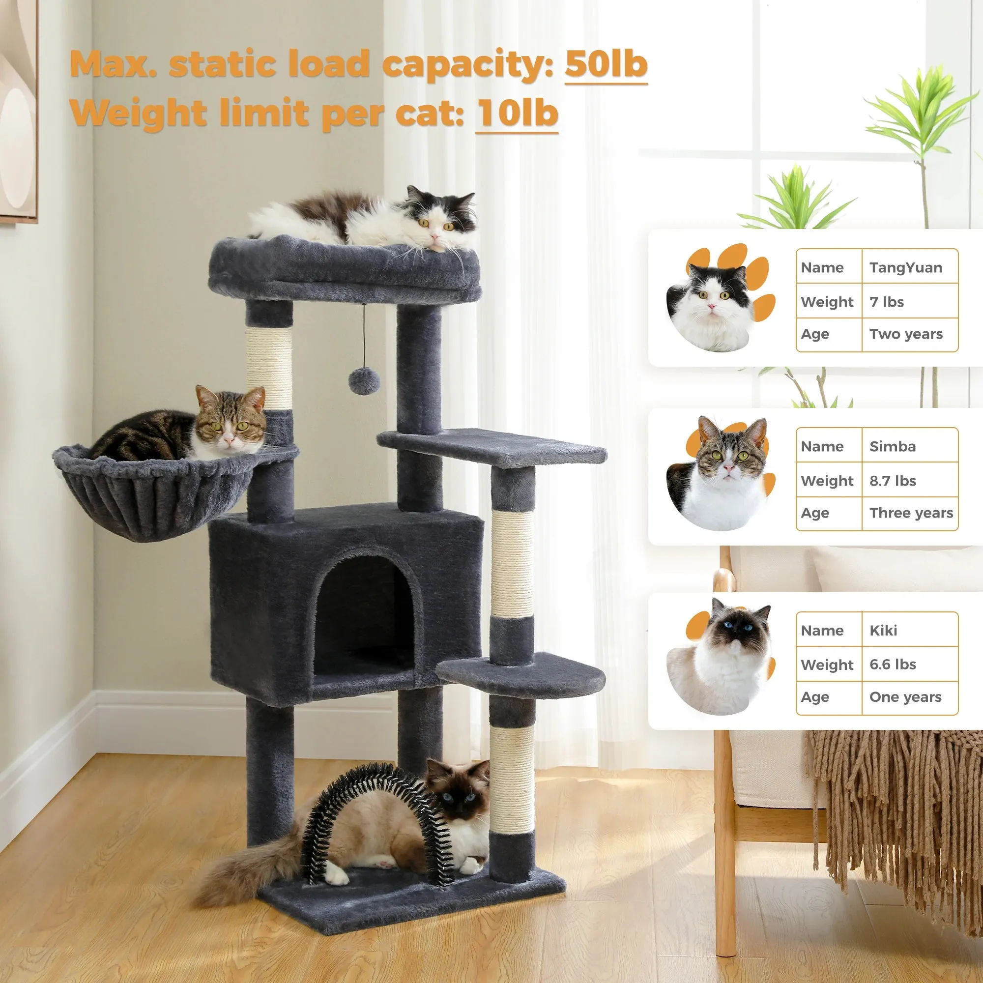 Plush Cat Tree Tower with Cozy Hammock and Scratching Posts