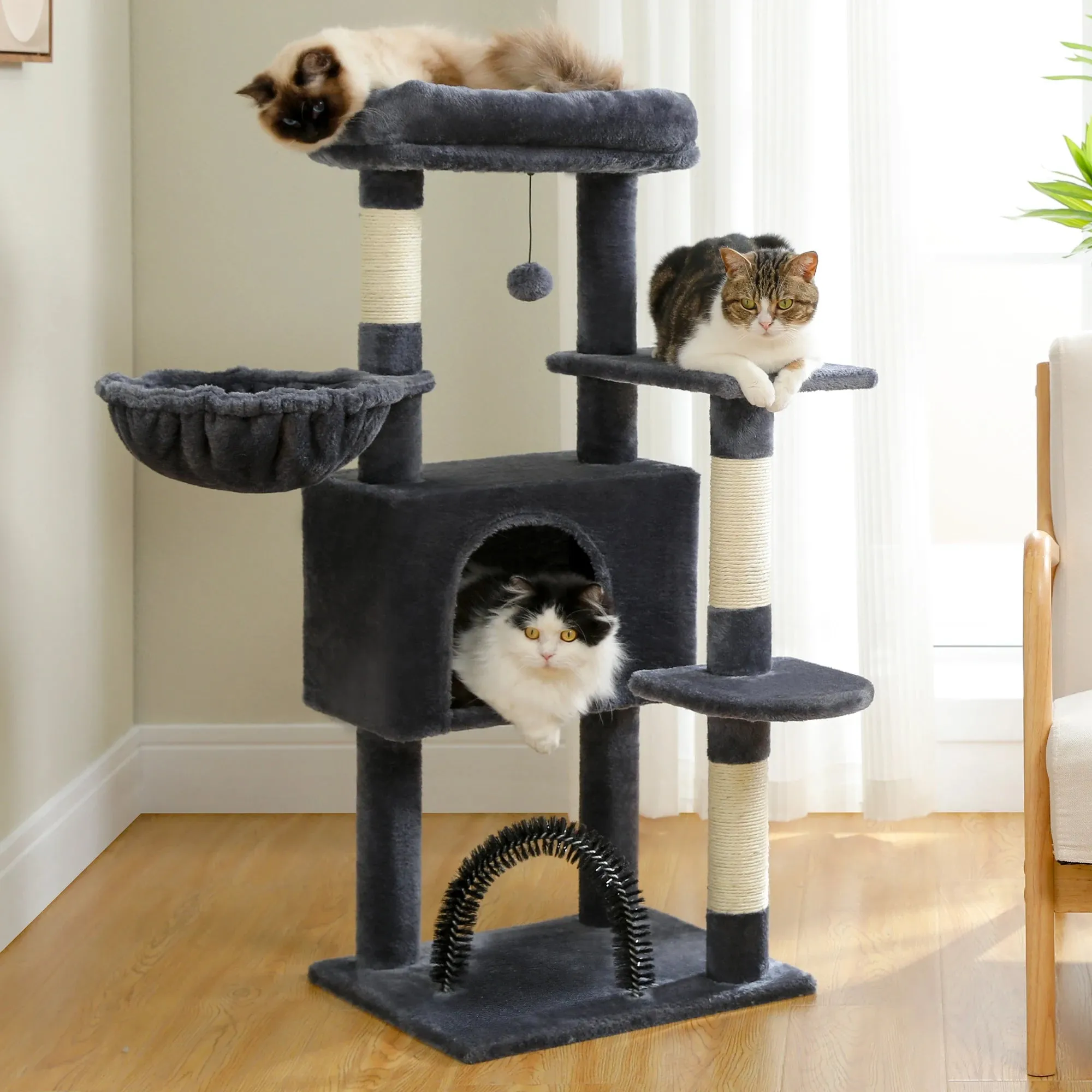 Plush Cat Tree Tower with Cozy Hammock and Scratching Posts