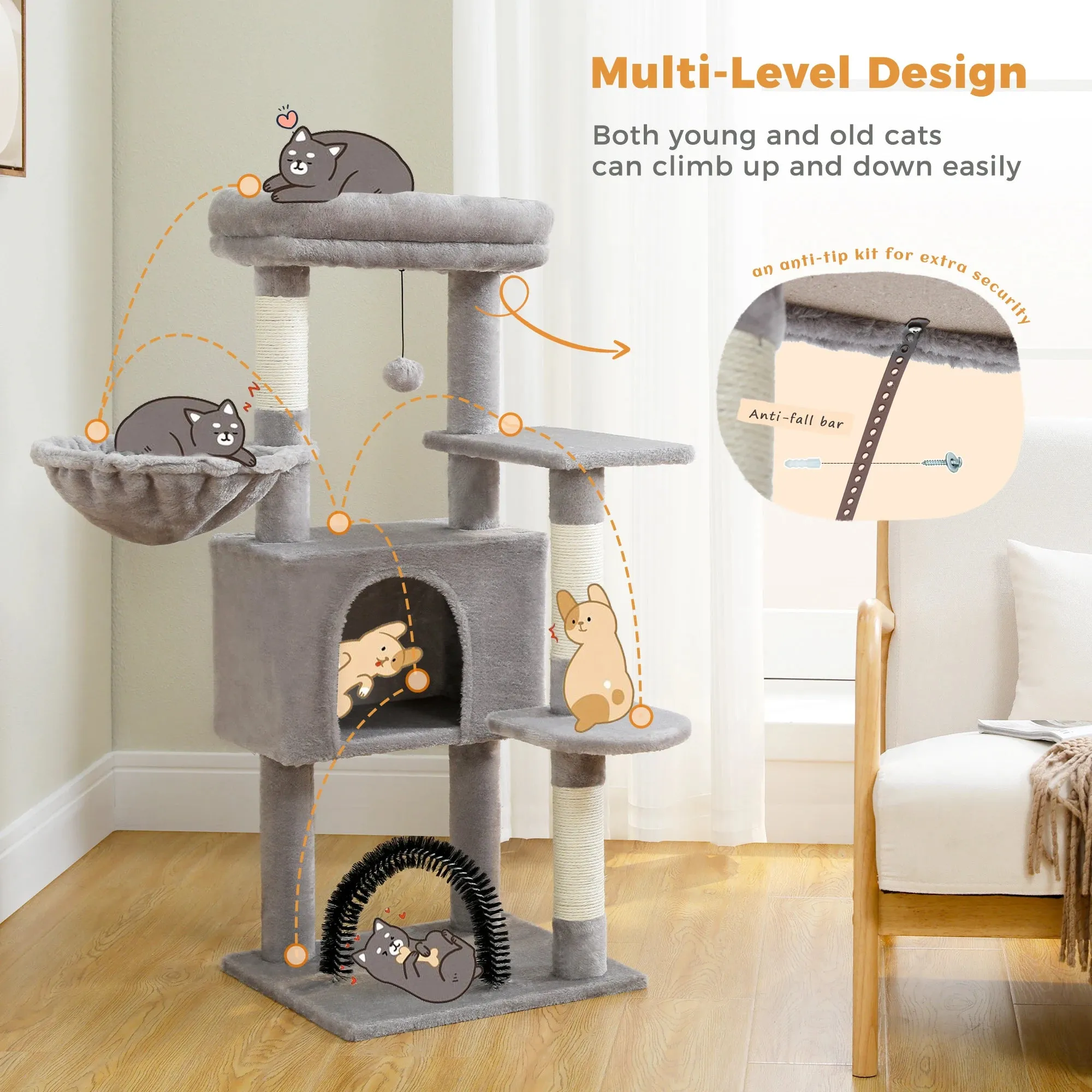 Plush Cat Tree Tower with Cozy Hammock and Scratching Posts