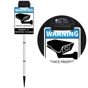 PRIVATE PROPERTY Yard Warning Sign Solar Powered, Rechargeable LED Illuminated Aluminum Video Surveillance Sign with Stake, Reflective Outside Security Sign Light Up For Houses