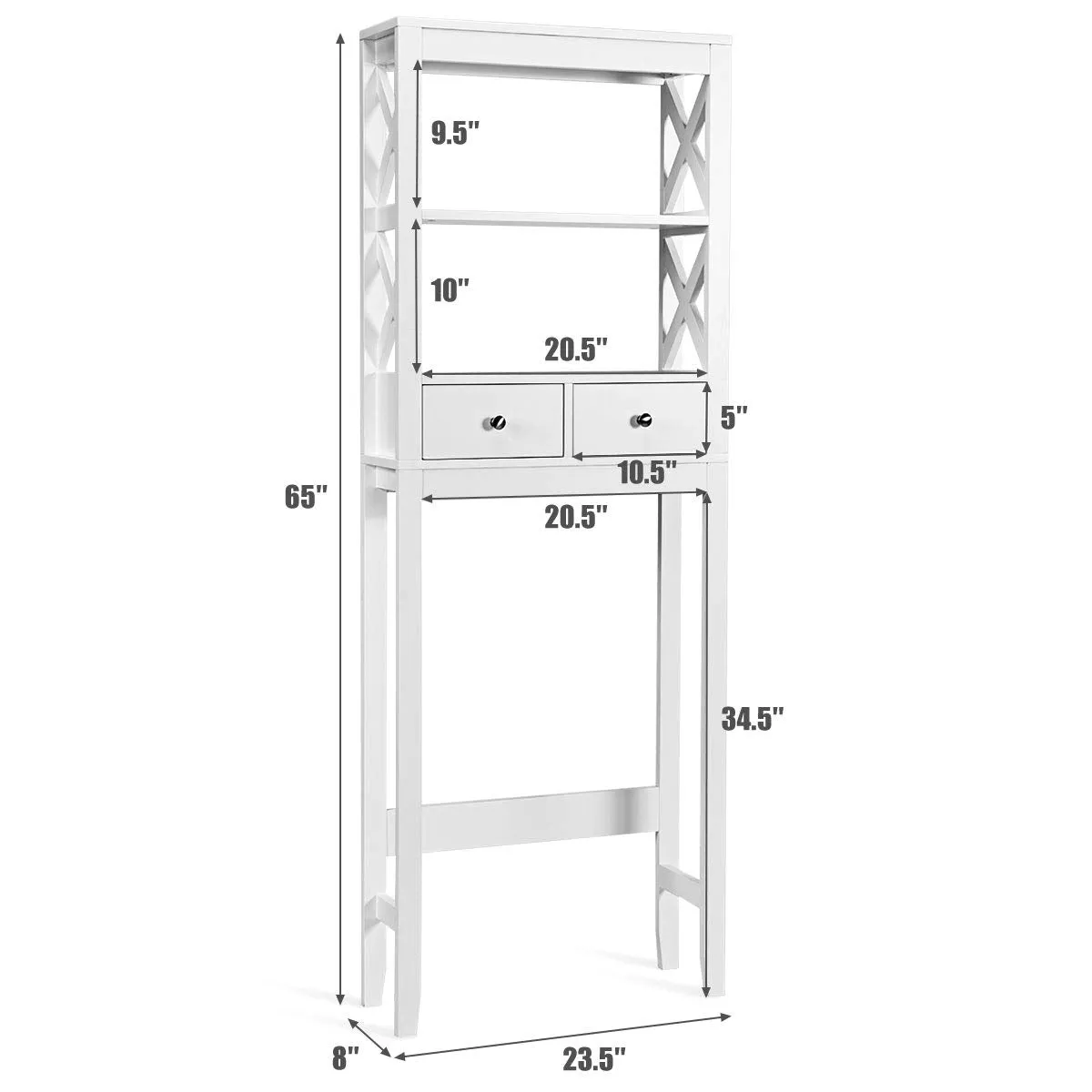 Tangkula Bathroom Space Saver, Over The Toilet Shelf, X-Frame Bathroom Storage Shelf Organizer with 2 Drawers (White)