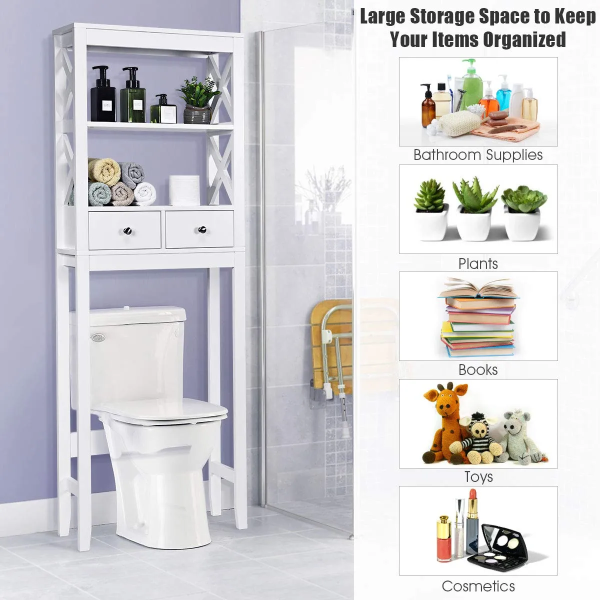 Tangkula Bathroom Space Saver, Over The Toilet Shelf, X-Frame Bathroom Storage Shelf Organizer with 2 Drawers (White)