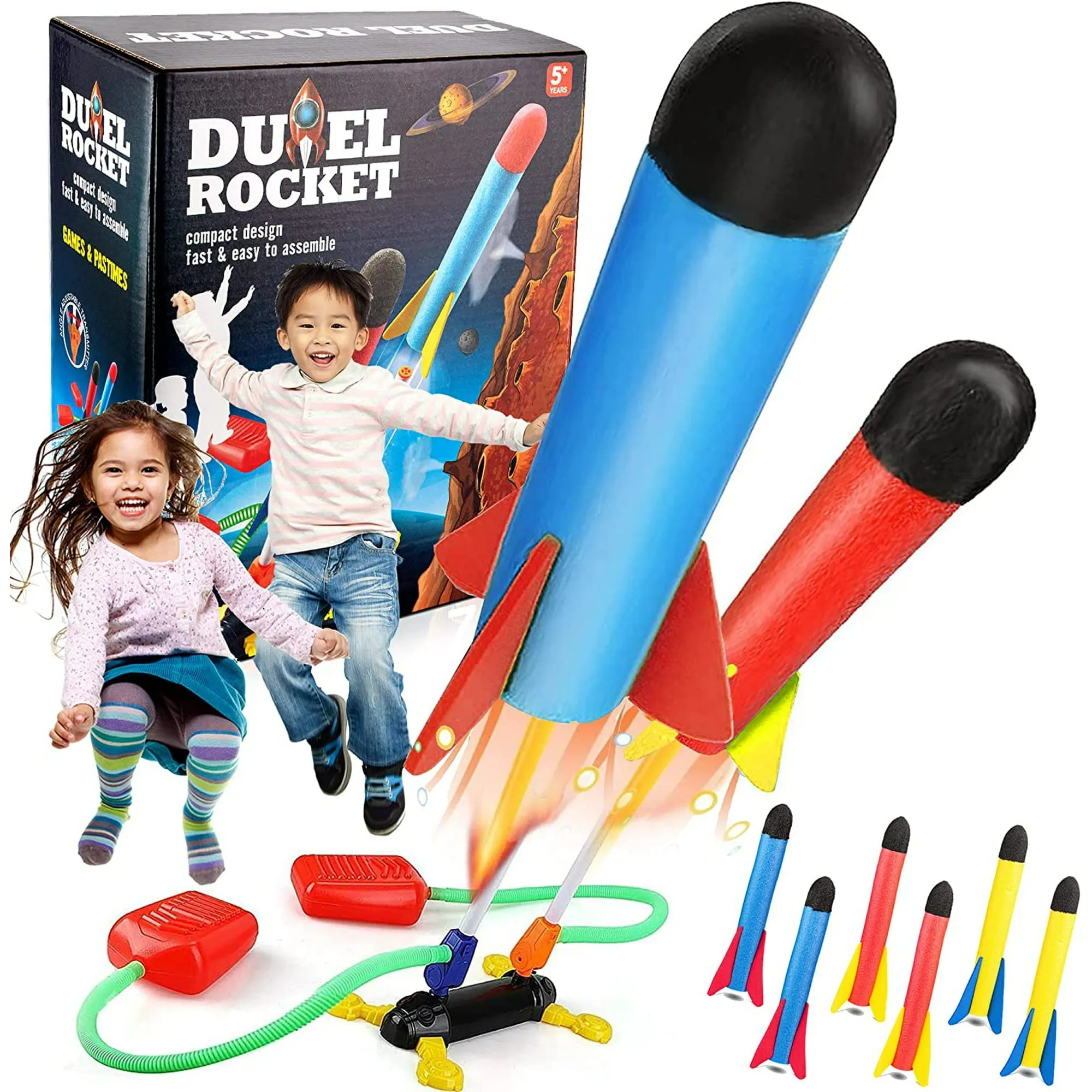 Terra Toy Rocket Launcher for Kids, Fun Outdoor Toys for Kids, Sturdy Launcher Stand With 2 Foot Launch Pads & 6 Colorful Foam Rockets