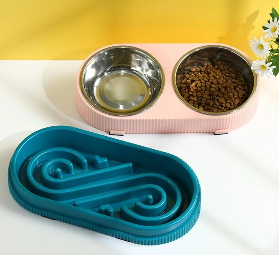 Triple Cat Food Bowls Double-Layer Slow Feed Dog Bowl