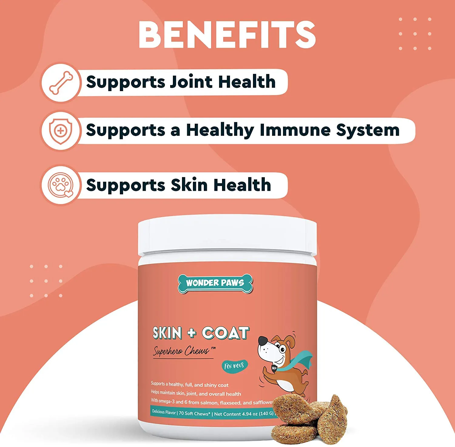 Wonder Paws Skin & Coat Supplement for Dogs with Salmon Oil, Omega 3 & 6, EPA & DHA, Promotes Healthy Skin and Coat, Itchy Relief, Joint and Overall Health, Delicious Flavor, 70 skin & coat Soft Chews